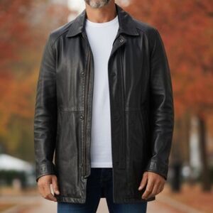 Vintage 70's Mens 9 Pocket Brown Leather Matrix Car Coat sz M